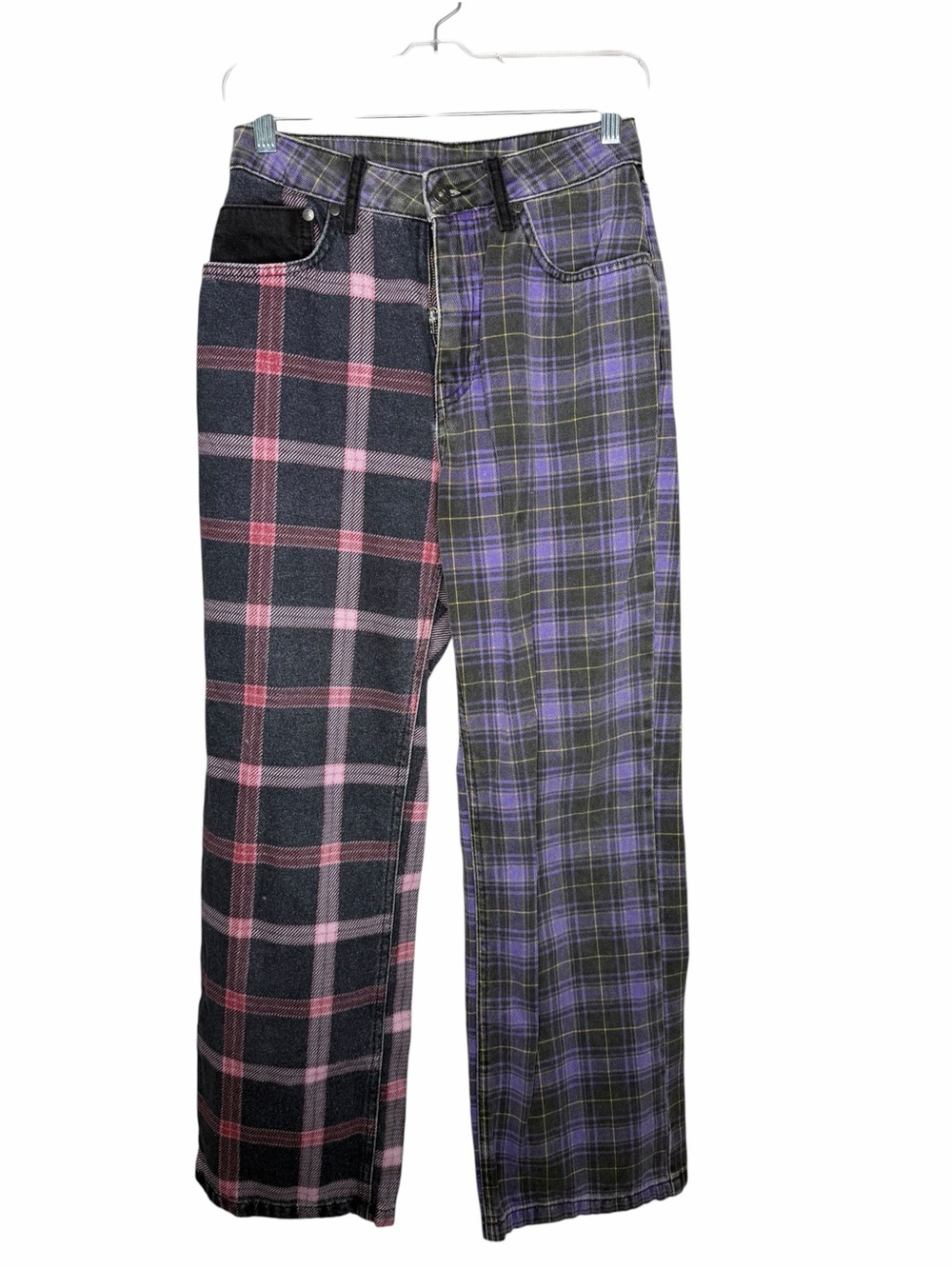 RAGGED PRIEST / pink purple check plaid half & half dad jeans / 26 *flawed*